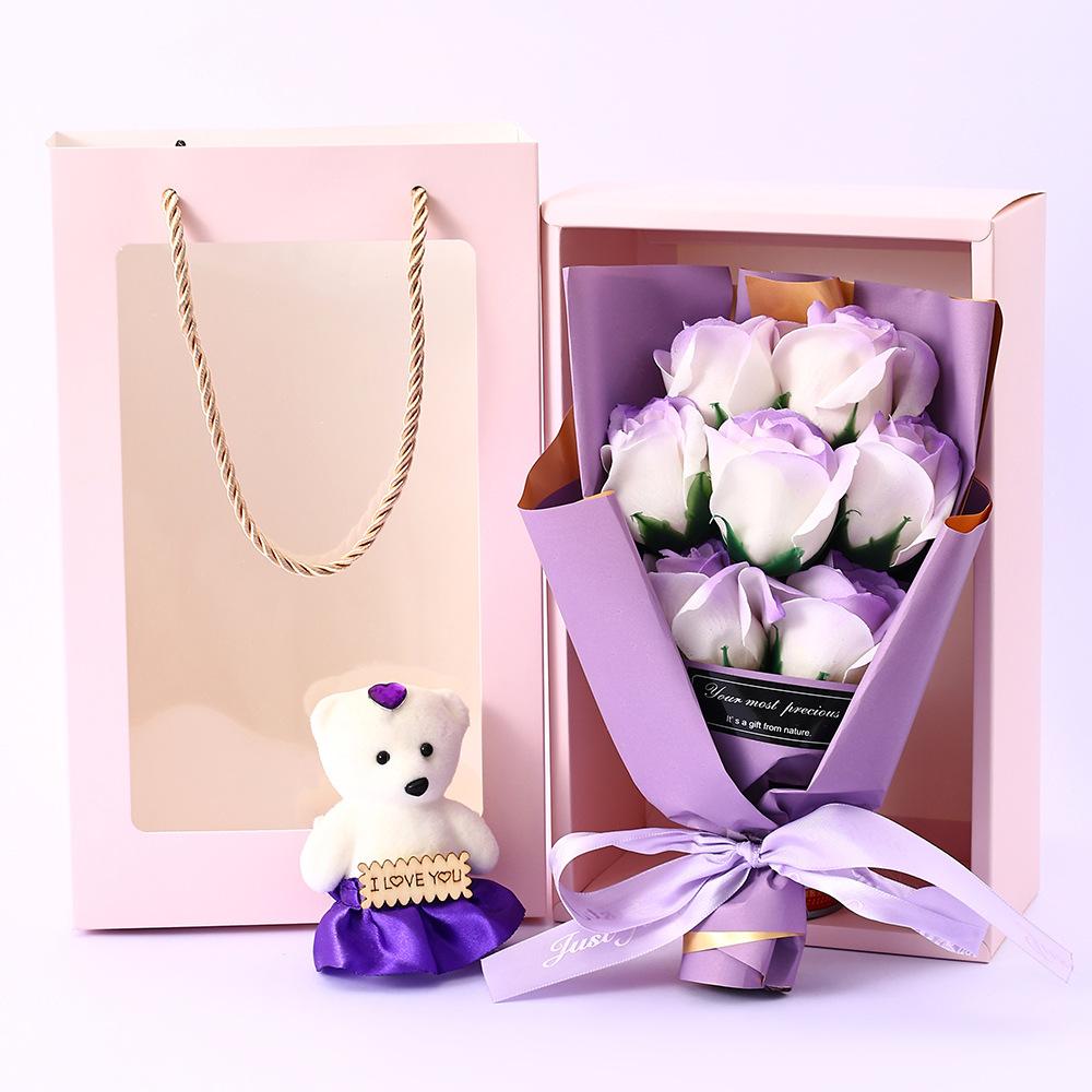 Valentine’s Day Mother’s Day Artificial Soap Rose Bouquet with Teddy Bear Gift Box Romantic Gift for Her Creative Home Decor