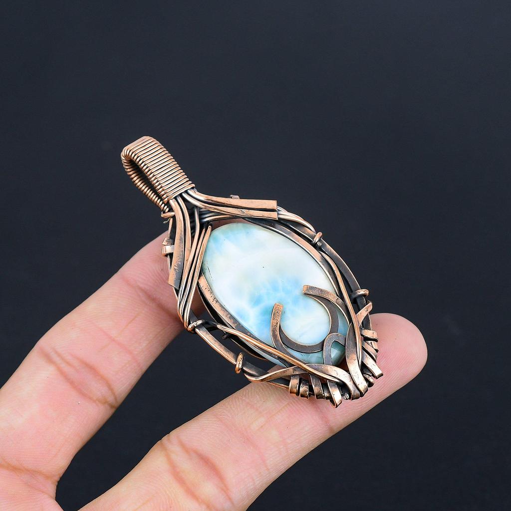 Larimar Pendant Gemstone Jewelry, 999 Copper Wire Wrapped Pendant, Handmade Jewelry Birthstone Pendant, Gift For Him