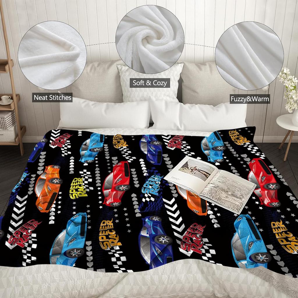 WZOMT Race Car Blanket for Kids Boys, Funny Red and Blue Sportcar Speed Racer Throw Blankets, Cool Car Lovers Gifts for Men Boys, Soft Cozy Fleece