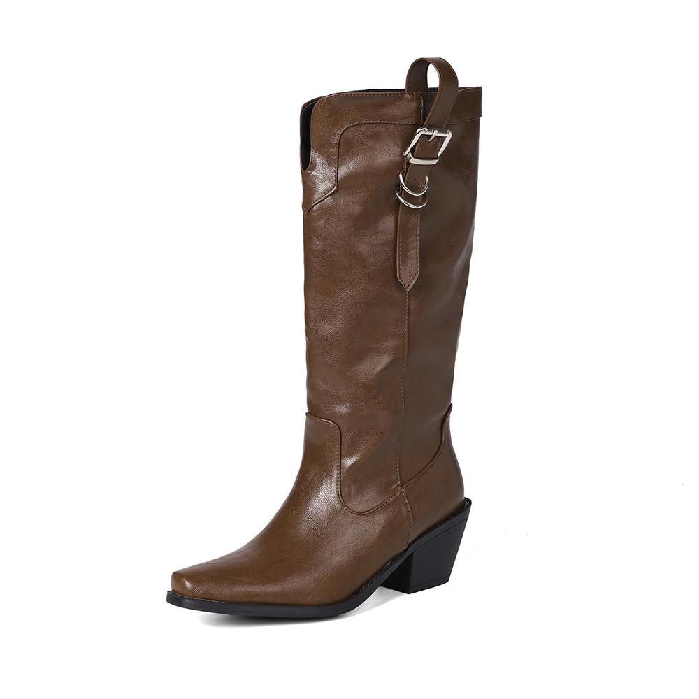 Brown Black Women Knee High Boots High Block Heel Big Size 46