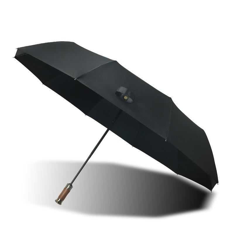 Business 10 bone automatic wooden handle umbrella aluminum alloy high-end three-fold umbrella 110CM enlarged waterproof umbrella
