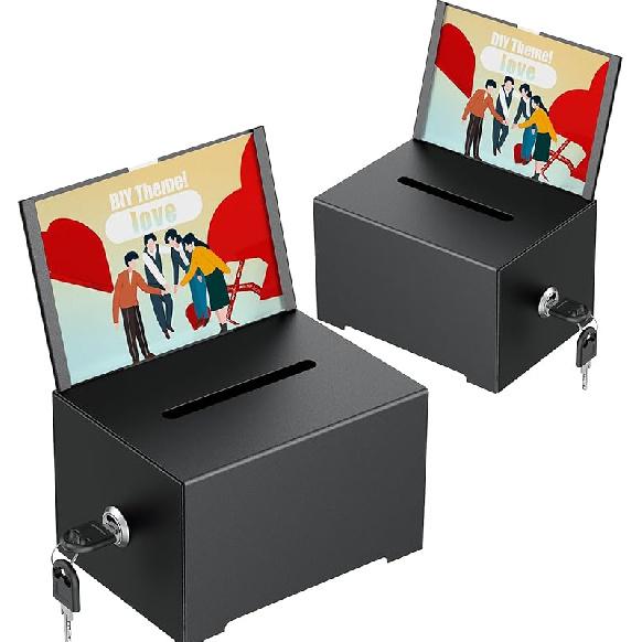 Uniclife Metal Donation Box for Fundraising, Suggestion Box with Slot and Lock, Black Ballot Boxes with Sign Holder, Storage Container for Voting
