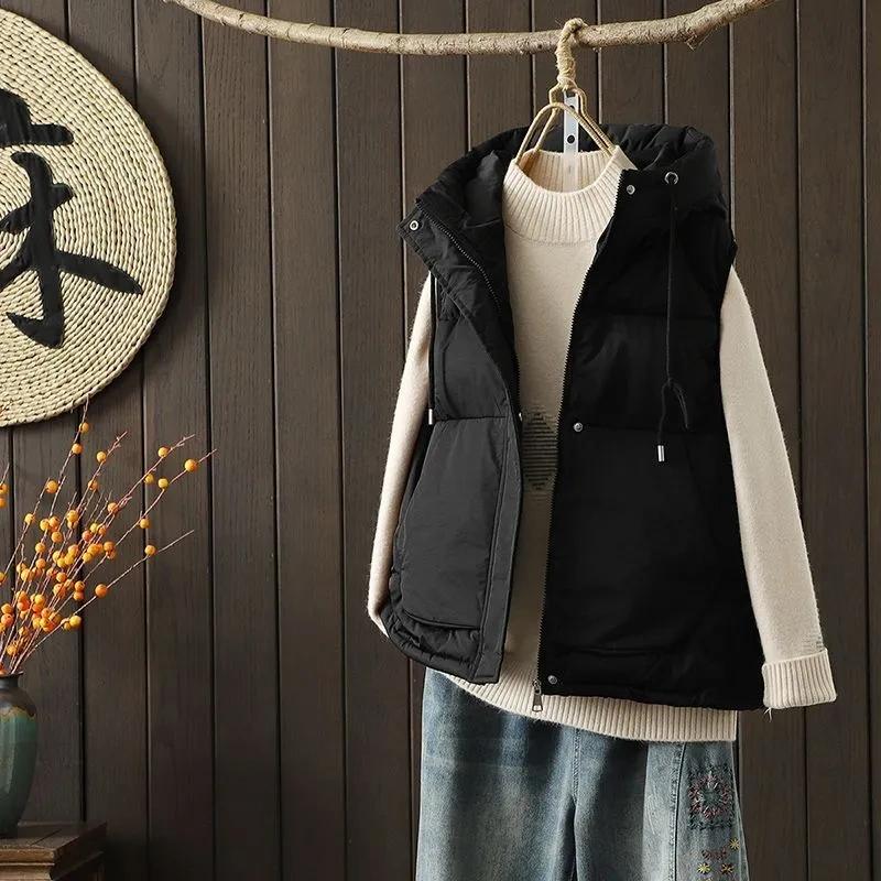 

Sister Hooded Vest Jacket All-match Thickened Warm Down Cotton Vest Women S чорний