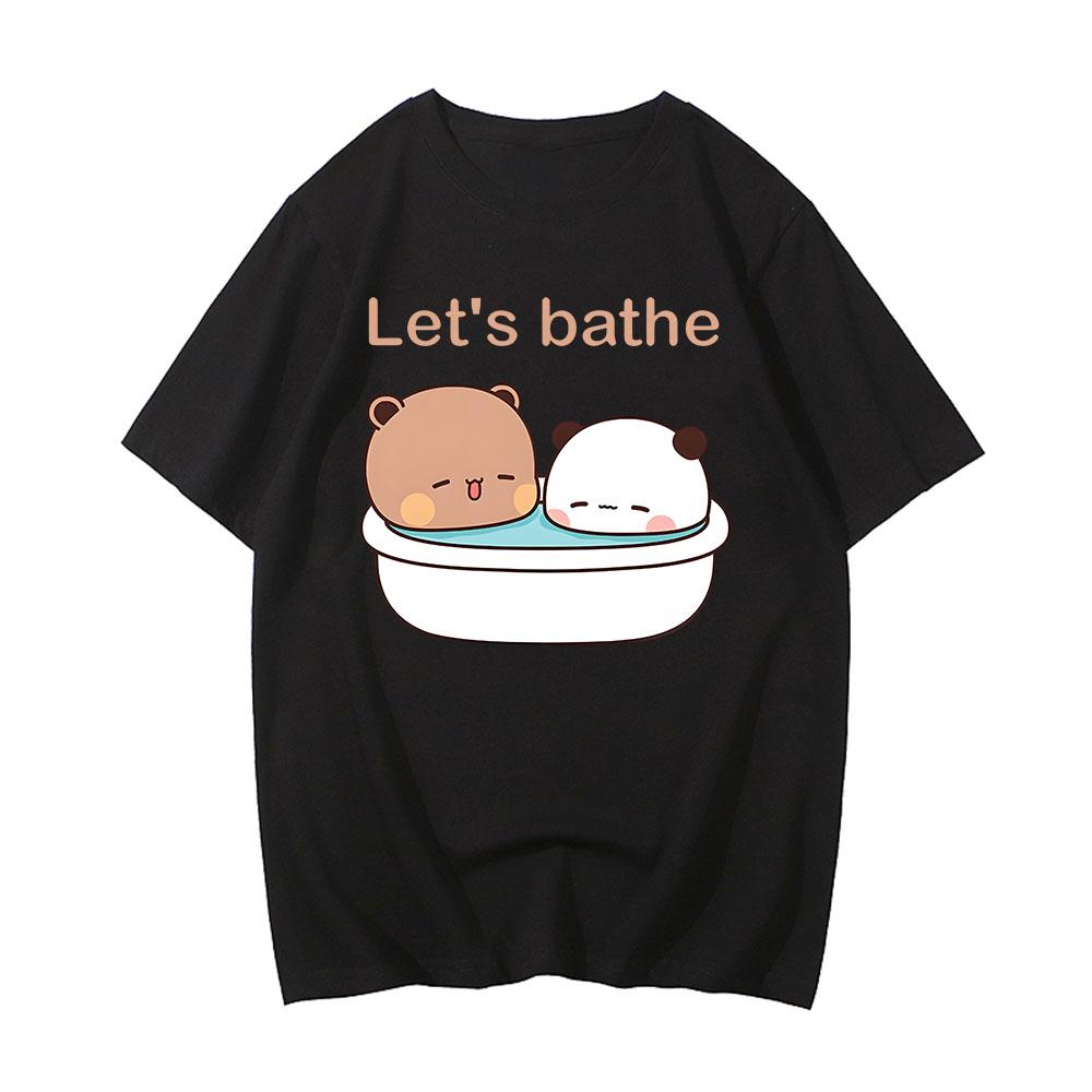 Kawaii Bear Panda Bubu And Dudu T Shirts Let's Bathe Cartoon Print Tee-shirt 100% Cotton Tshirt Short Sleeve Tees O-Neck Cute Tees  Anime Casual