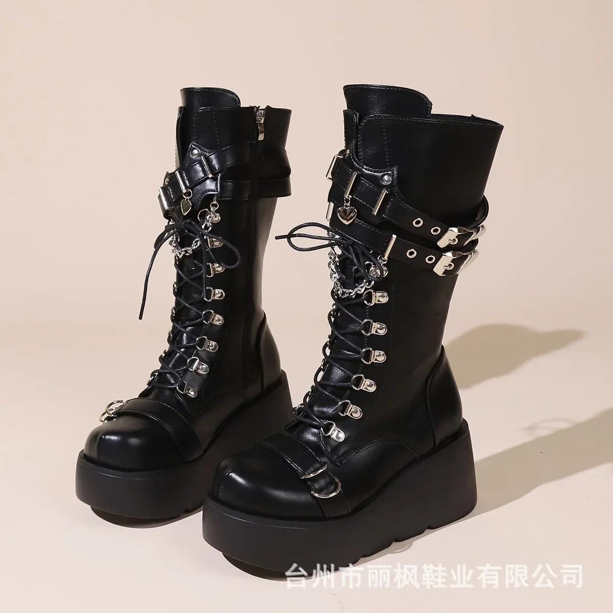 

Ботинки на платформе, ботинки на танкетке с заклепками и пряжками, высокие женские ботинки, панк, пикантный шик, байкерские ботинки 40 чёрный