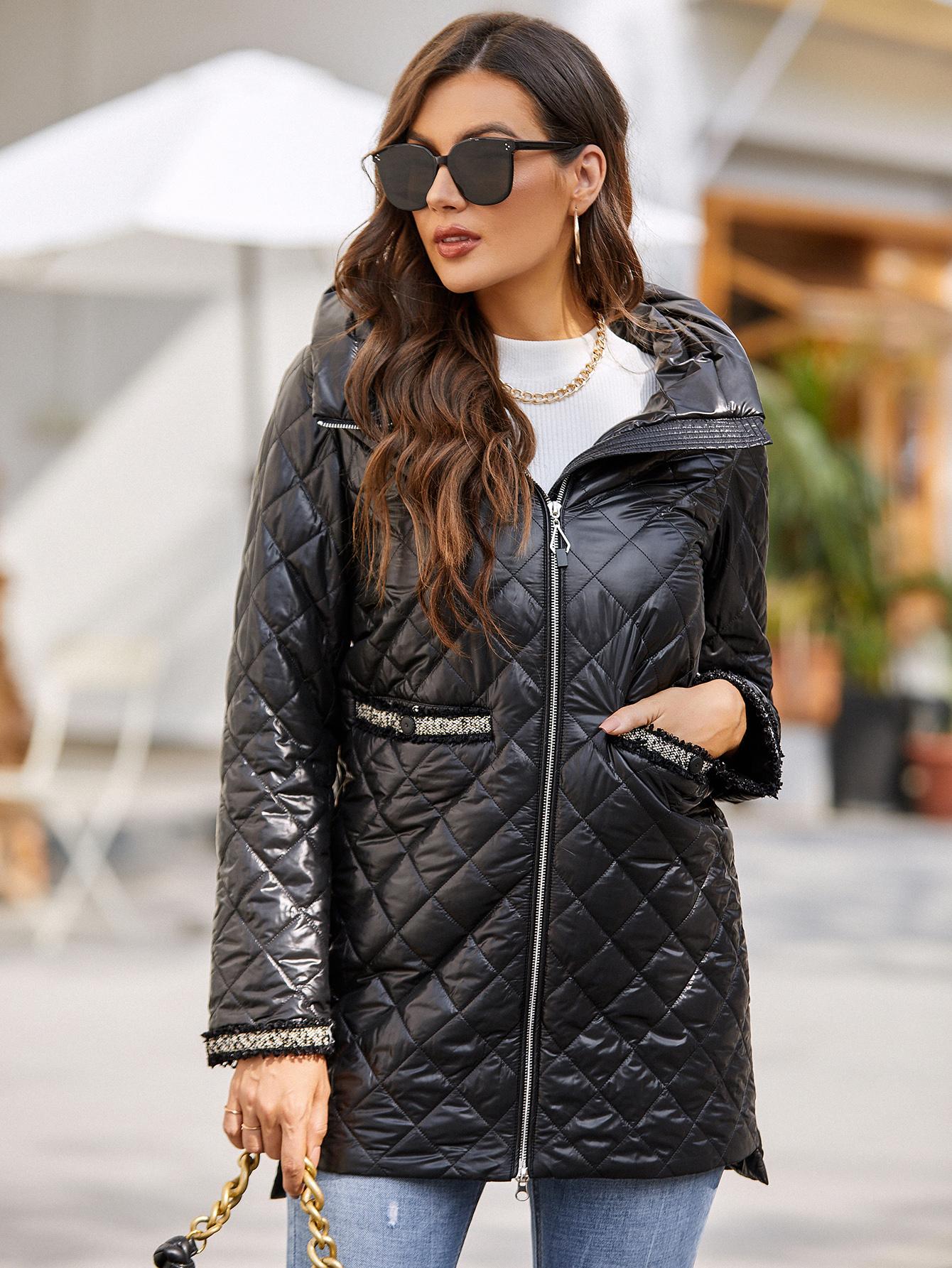 

Cinemore Новое весенне-осеннее женское пальто Простое средней длины Модное уникальное плетение С капюшоном Женские весенние куртки 8220 S чёрный