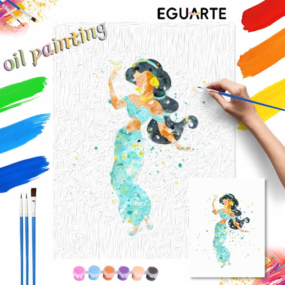 Disney Princess Jasmine oil paint by numbers painting kit handmade diy home decor gifts wall art watercolor splatter canvas for adults
