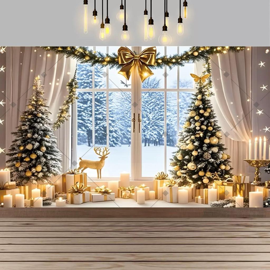 Christmas Red Curtain Decoration Backdrop Winter Snow Scenery Fireplace Santa Claus Photography Backdrop Holiday Party Supplies