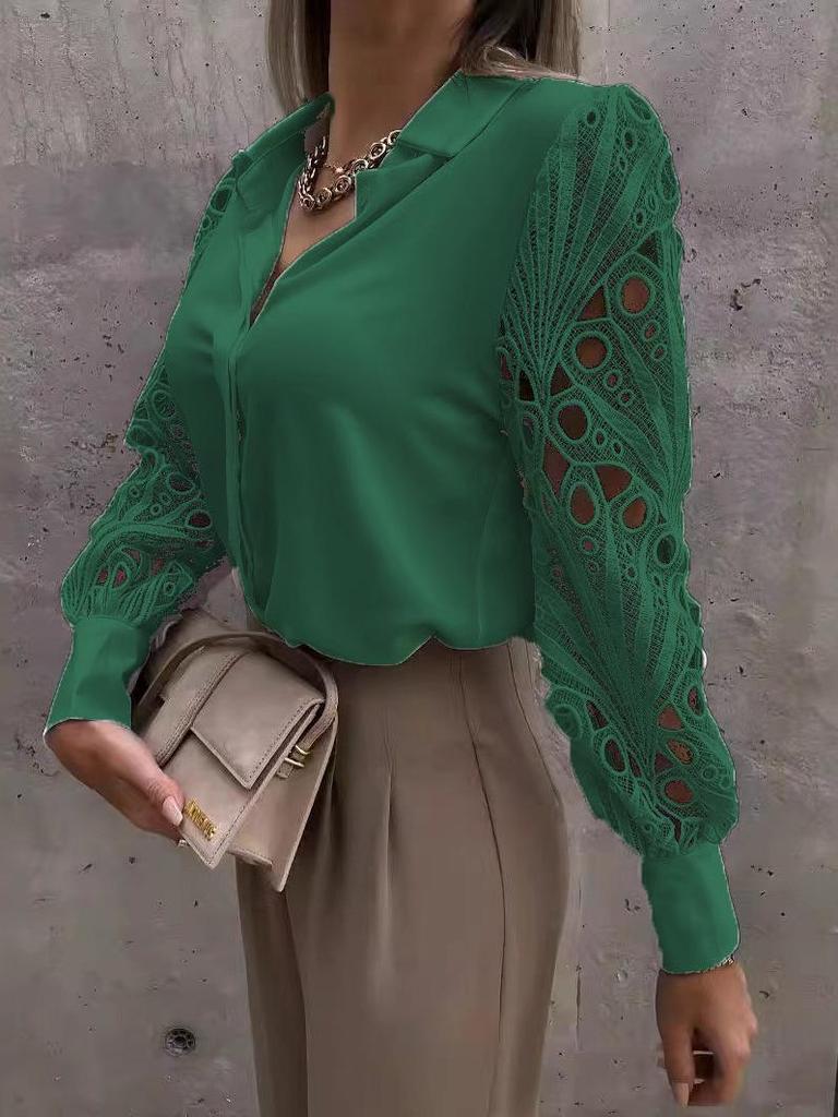 2024 Damen Spitzen-Patchwork Locker geschnittene Lochmusterbluse