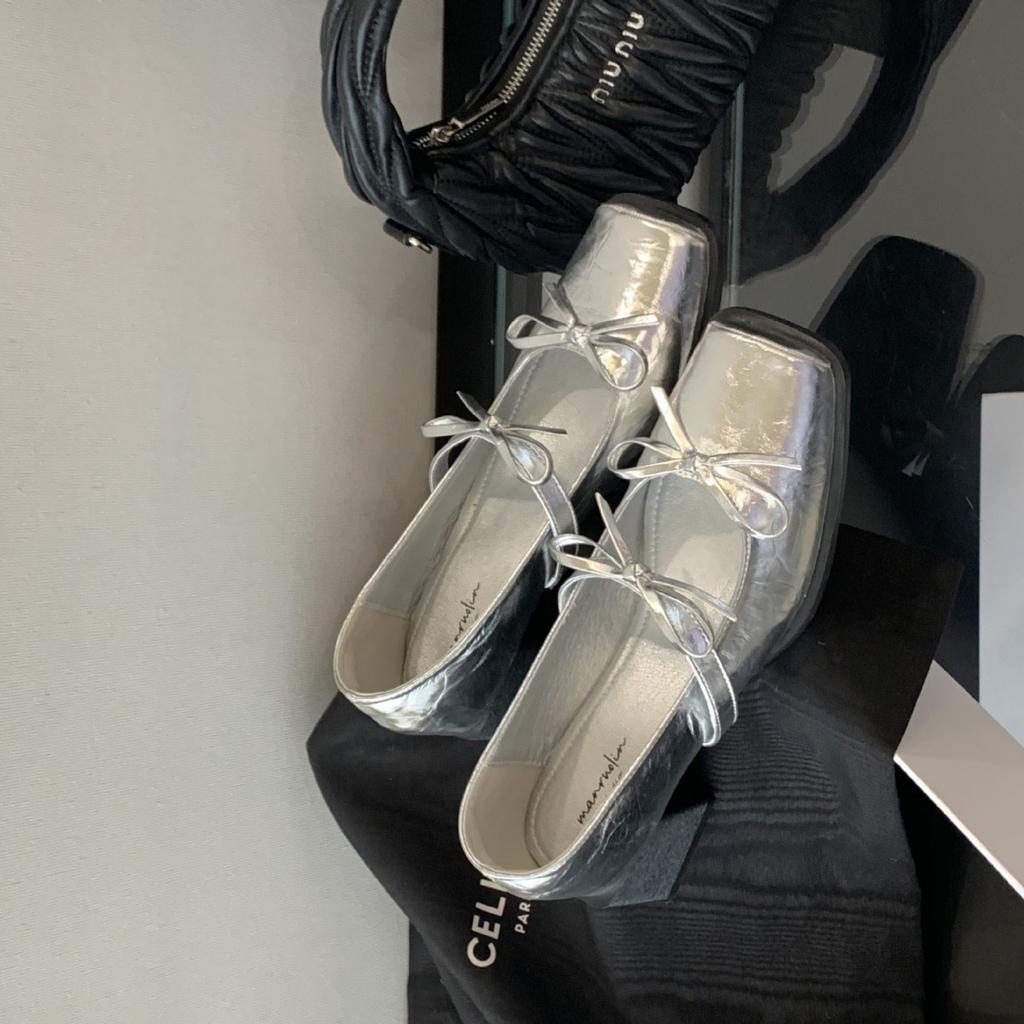 2025 New Square Head Bow Silver Word with Light Mouth Thick High Heel Thin Mary Jane Women's Shoes