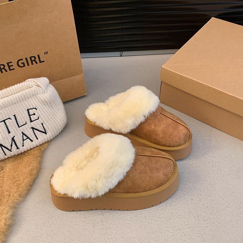 Women's Hairy Mouth Soft Bottom Large Size Thickened Winter Warm Fur One Padded Lining Ankle Boots Non-slip Baotou Cotton Half Slippers