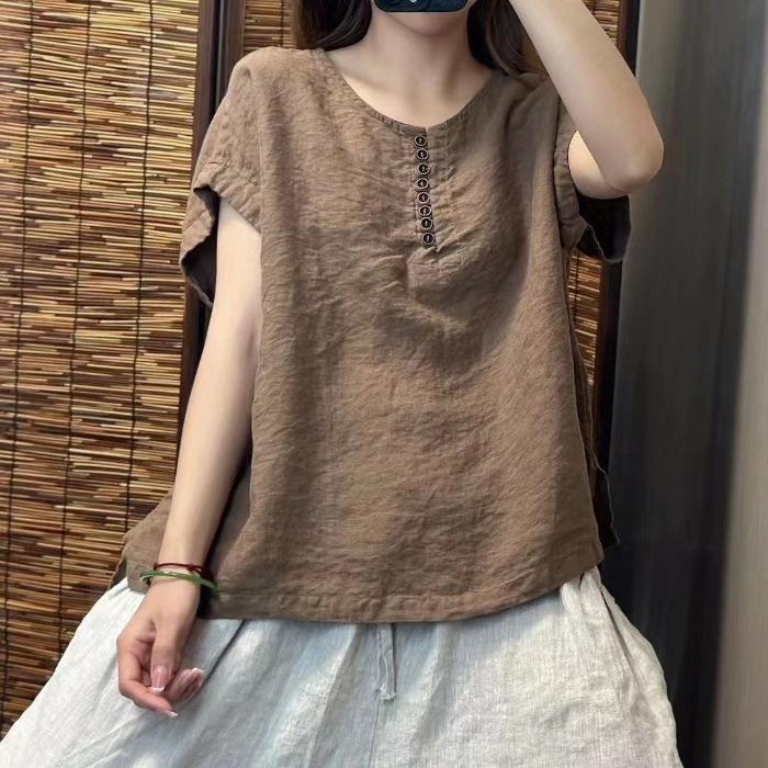 Summer Literary Retro Solid Color Cotton and Linen Blouse Women's Loose Round Neck Casual Simple Short-sleeved Pullover