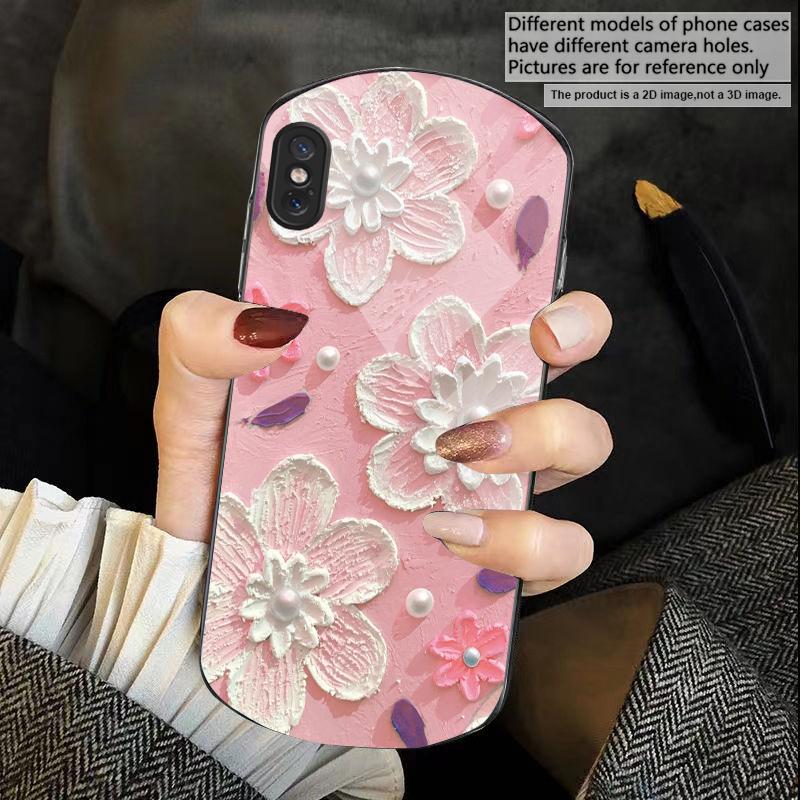 Cream rice white petals For iPhone 17 Air 16 15 14 Pro 13 Plus 12 mini 11 Pro Max XR X 7 8 Elliptical Tempered Glass Phone Case