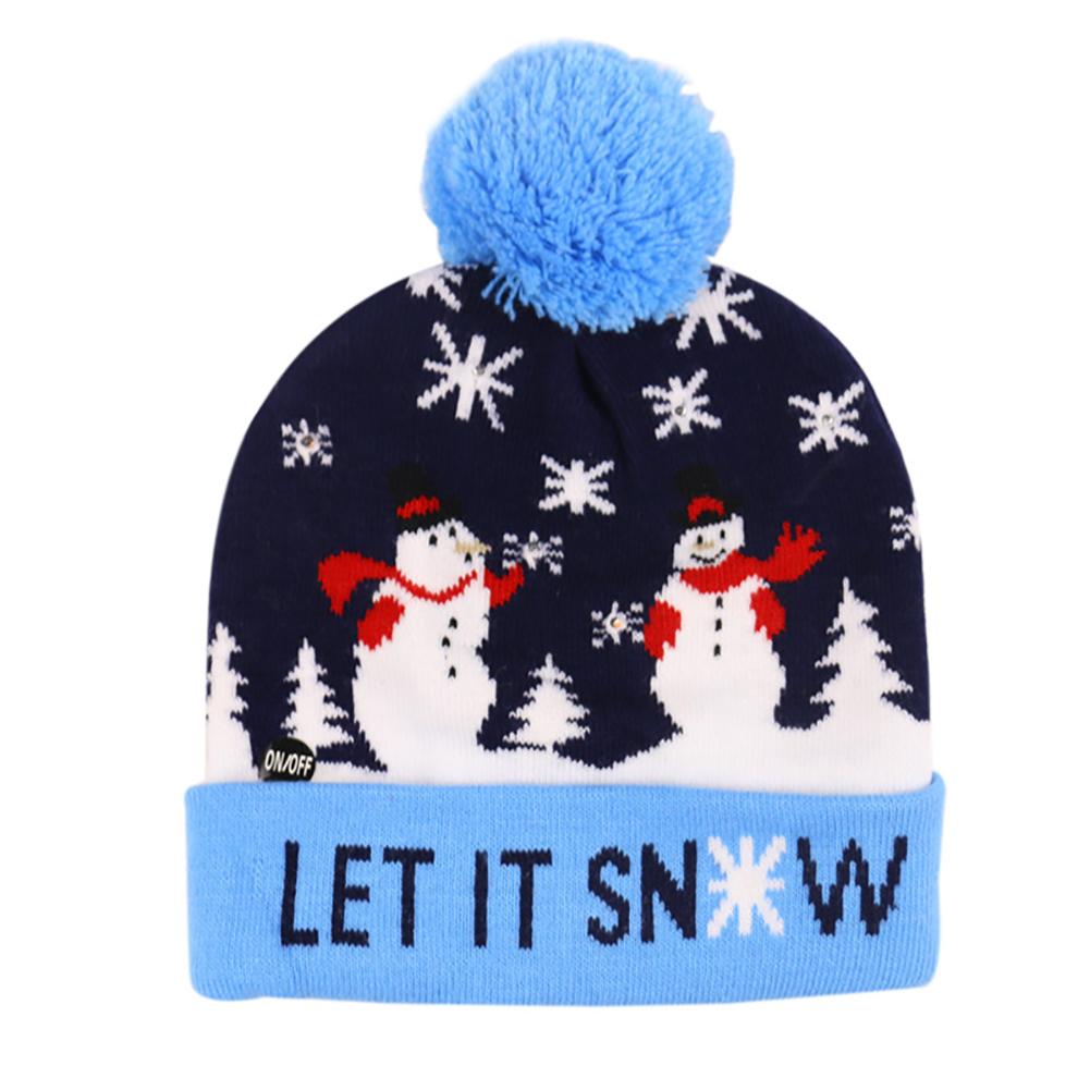 Christmas Knitting Hat Colorful LED Light Wool Ball Snowman Snowflake Elk X-mas Tree Beanies
