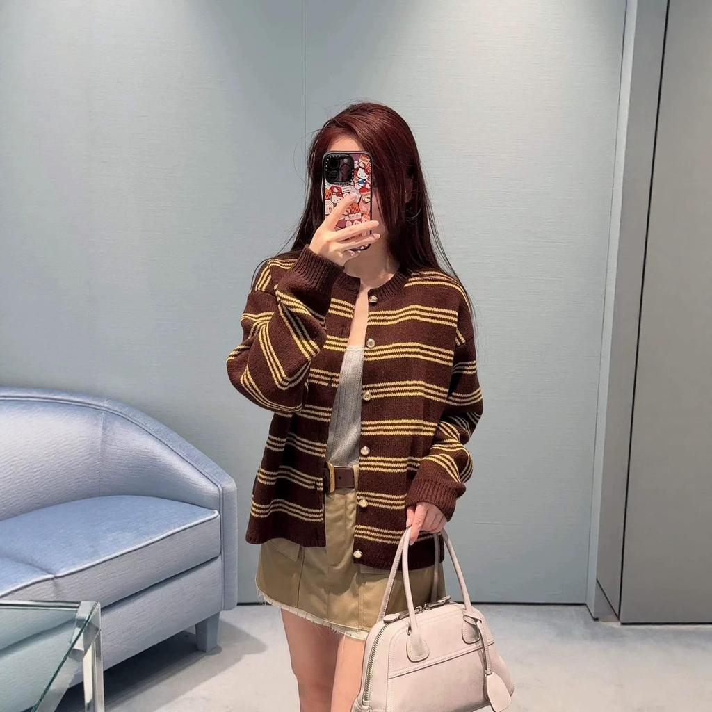 European Retro Autumn Logo Stripe Soft Texture Long Sleeve Sweater Cardigan for Women