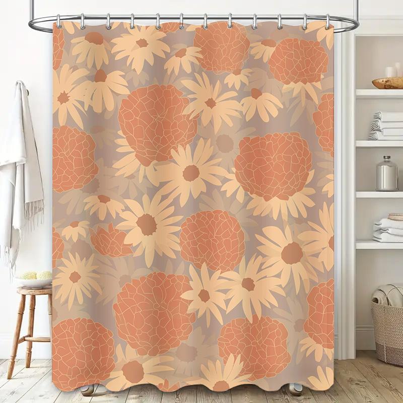 Modern Bathroom Decor Floral Print Shower Curtain with 12 Hooks Rustic Boho Style for Bathtub or Standup Shower Enclosure in Ora