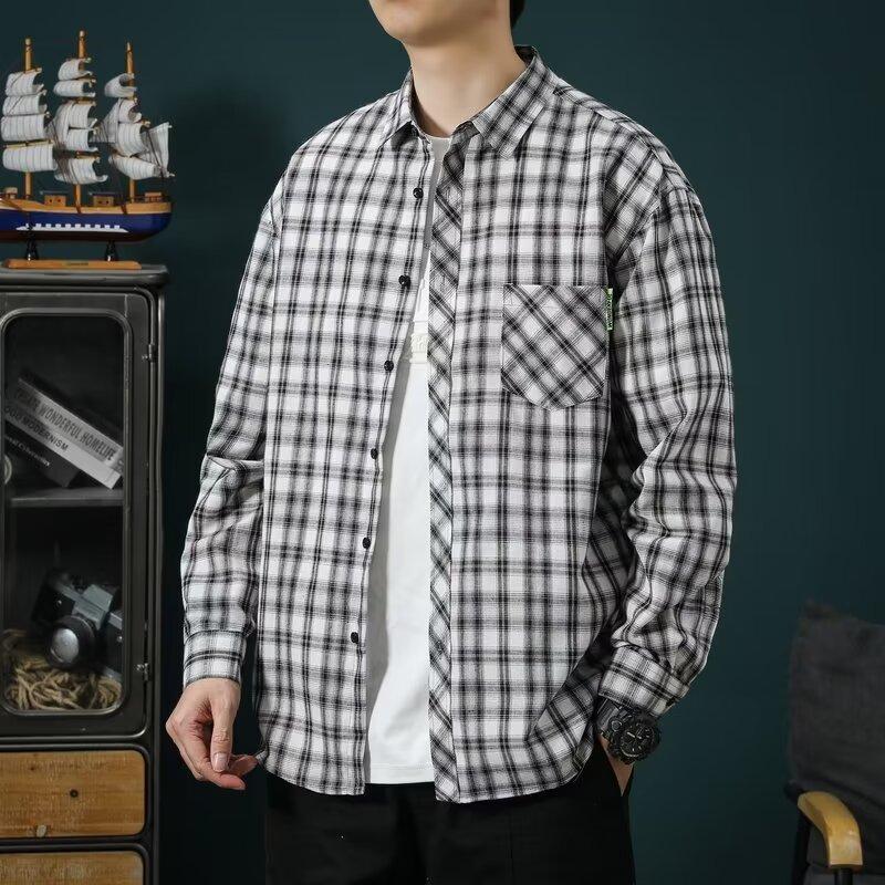 New Men's Long-sleeved Shirt Men's Gangster Handsome Senior Sense of Shirt Plaid Shirt Fashion Versatile Tops