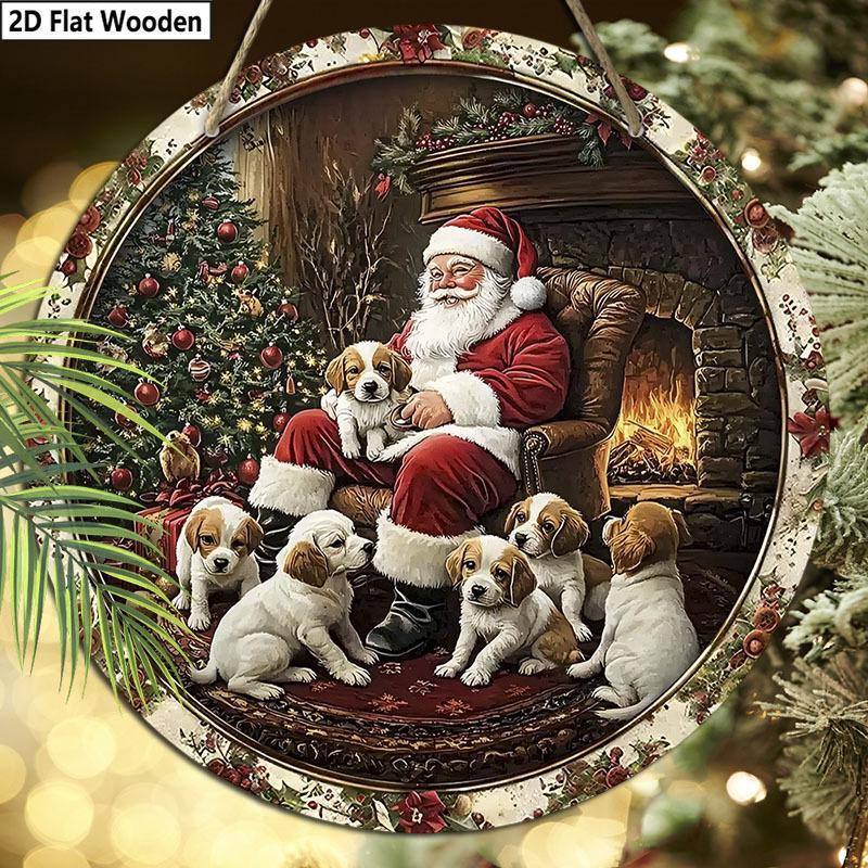 Christmas Decoration Sign,indoor Hanging decorations,2D Flat Wooden Products with The Pattern Is Santa Claus and dogs,Christmas Gifts for Family