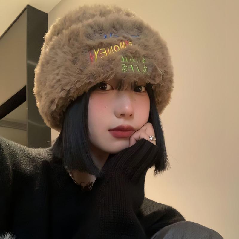 Autumn and winter plush knitted hat women's versatile big head circumference thickened warm wool hat cold-proof and small face hat