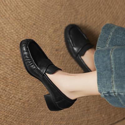 Women's Low-heeled Single Shoes, Spring and Autumn Models, Full Leather Thick-heeled Large-size Casual Shoes Inside and Outside, Loafers.