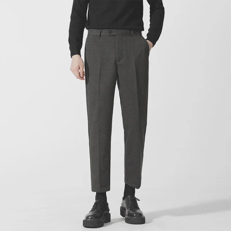 Men’s Casual Woolen Nine-Point Trousers - Autumn Business Loose Fit, Solid Color, Trendy Design.