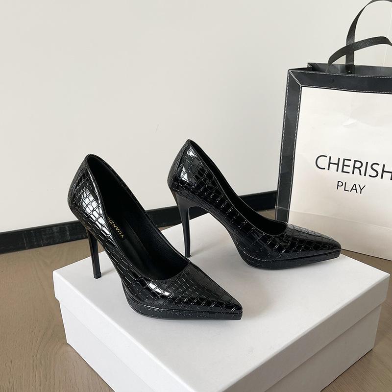 2025 Spring New European and American Style Banquet Super High Heels Women's Shoes Thin Heels Shallow Mouth Pointed Stone Pattern Sexy High Heels