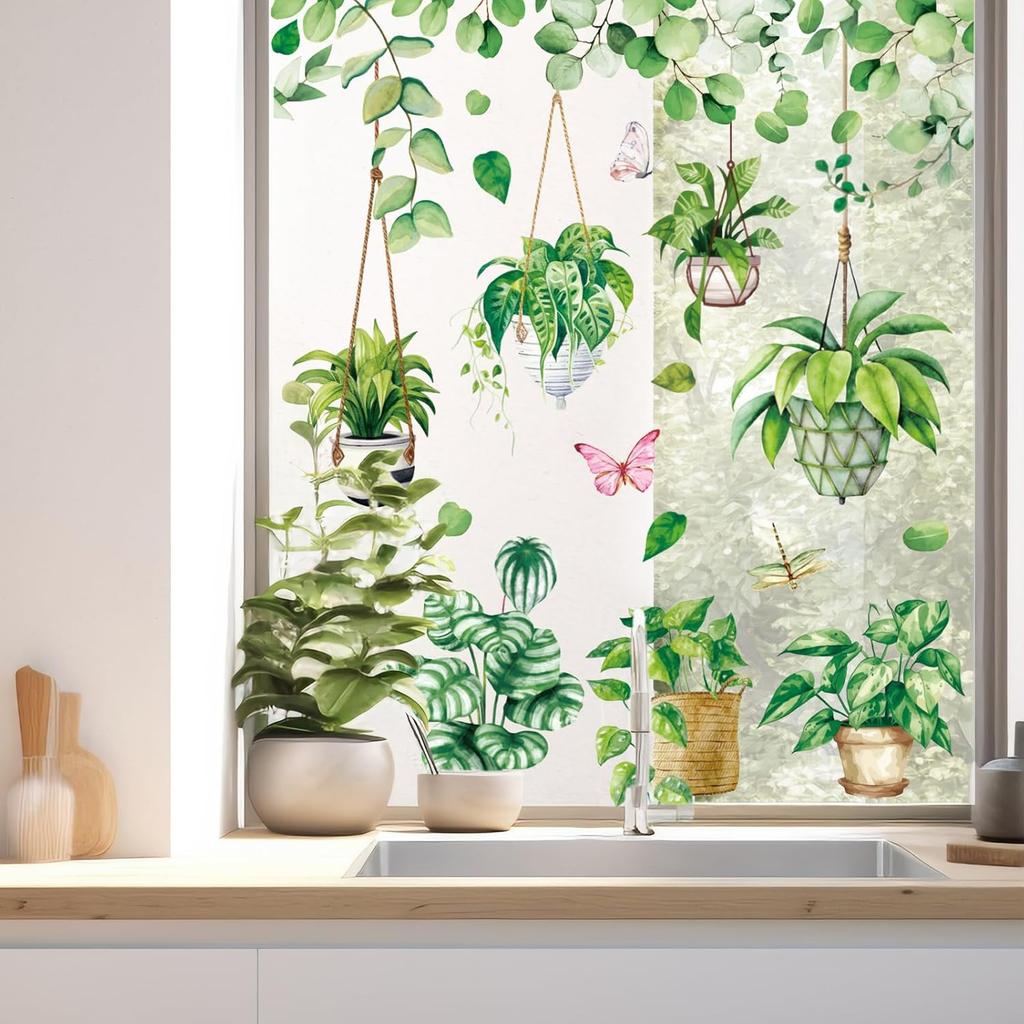 Whaline 6 Sheet Potted Plant Window Clings Hanging Vine Plant Eucalyptus Leaves Reble Window Decals for Home School Office Spring Summer Party