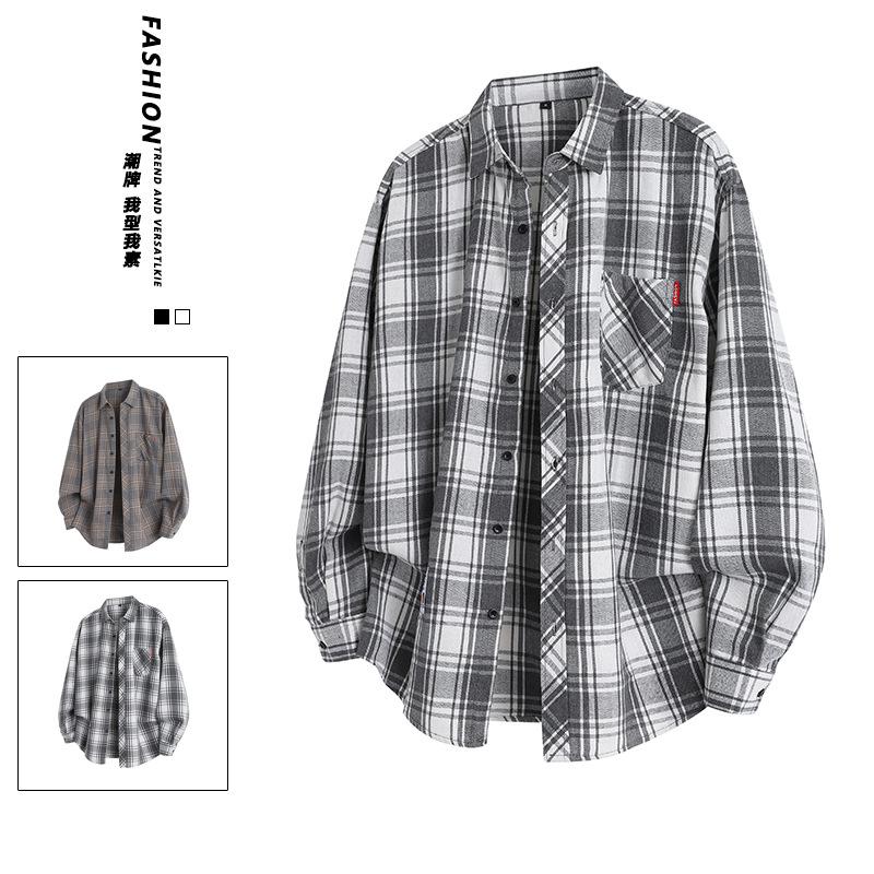 Vår och Höst Herr Rutig Skjortjacka Hong Kong Stil Herr Casual Lös Långärmad Skjorta