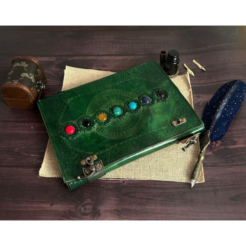 Seven stone Leather journal Handmade Embossed Vintage Leather Bound Green Notebook Sketchbook Diary Best Gift For Him