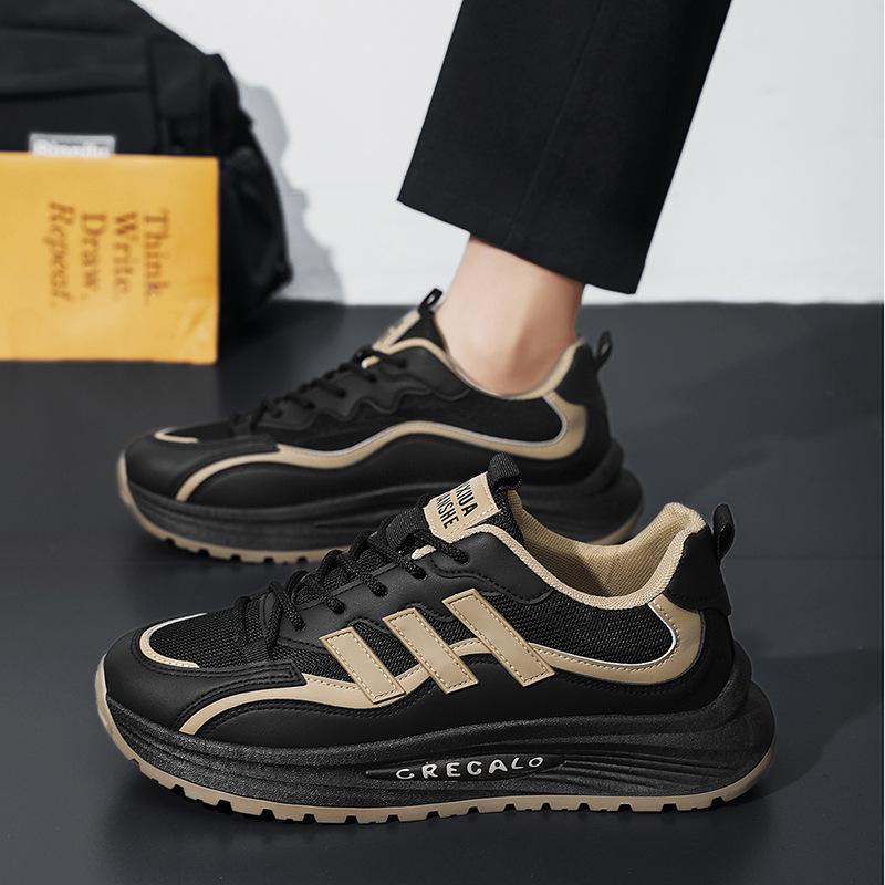 

Men s shoes spring new leather sneakers light and comfortable soft-soled casual trendy shoes thick-soled versatile color matching dad shoes 39 чёрный