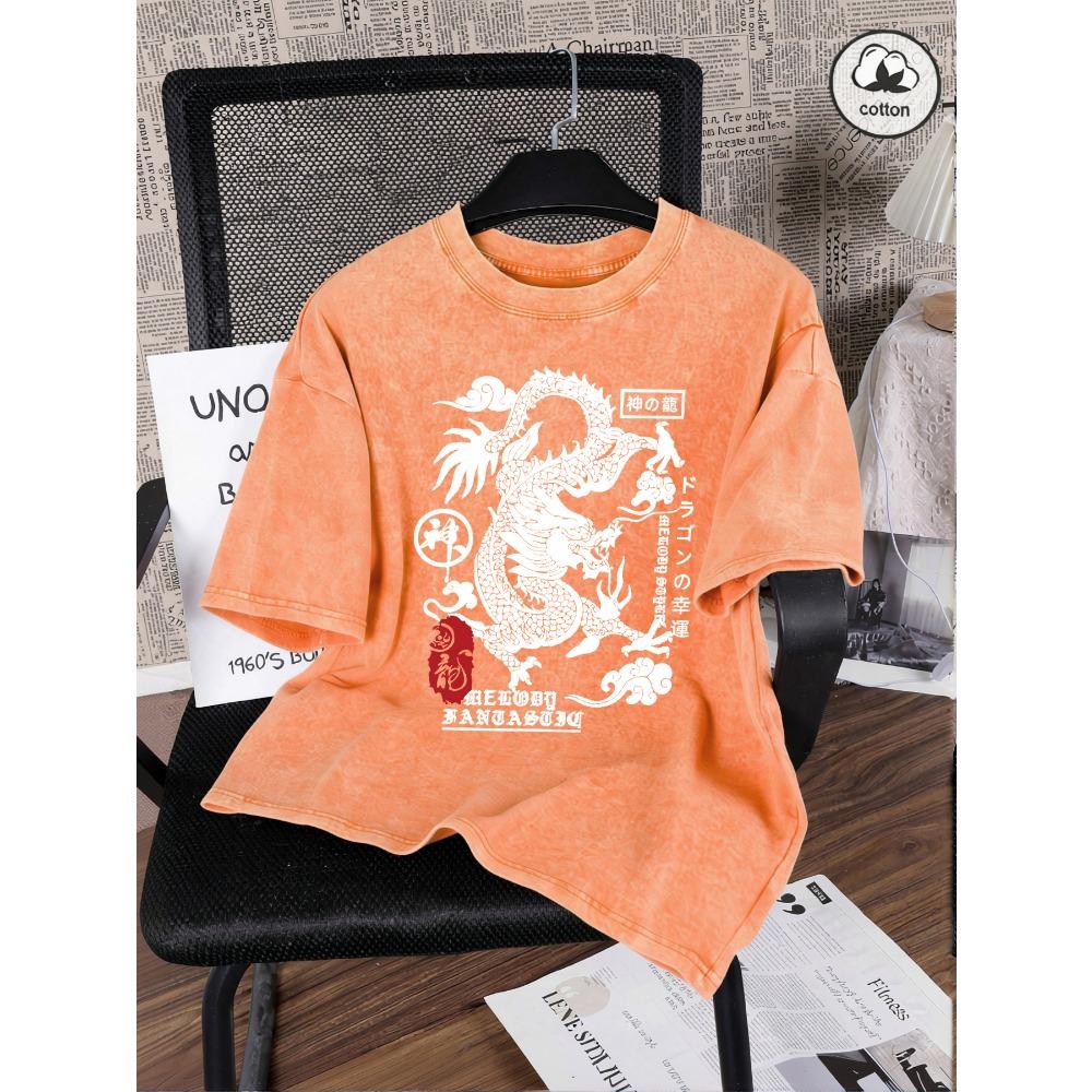 Japanische Harajuku Drachenaufdruck Damen Gewaschene T-Shirts Lässiges T-Shirt Sommer Hip Hop Streetwear Baumwolle Übergroße Kleidung