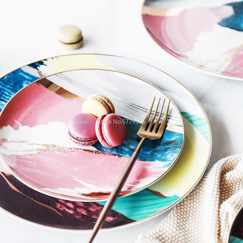 1PCS Dinnerware Painting Gold Inlay Colorful Cloud 8 /10 Inch Ceramic Plate Dinner Porcelain Cake Snack Dessert Plate