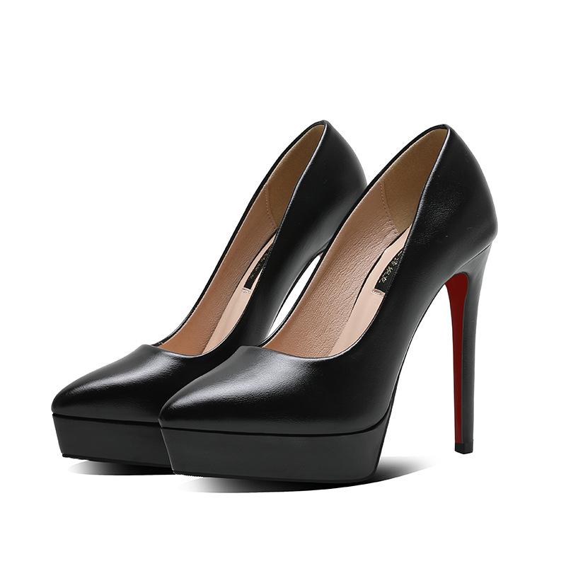 Fashion Luxury Women Pumps Spring Autumn Slip-On Platform PU Leather 12cm Thin Heels Korean Style Casual Women Profession Shoes Black