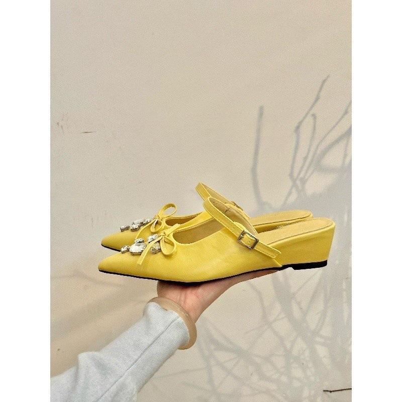 Galaxy Girl! Temperament Pointed Rhinestone Buckle Bow Wedge Heel Bag Head Half Slippers Women's Spring Shoes