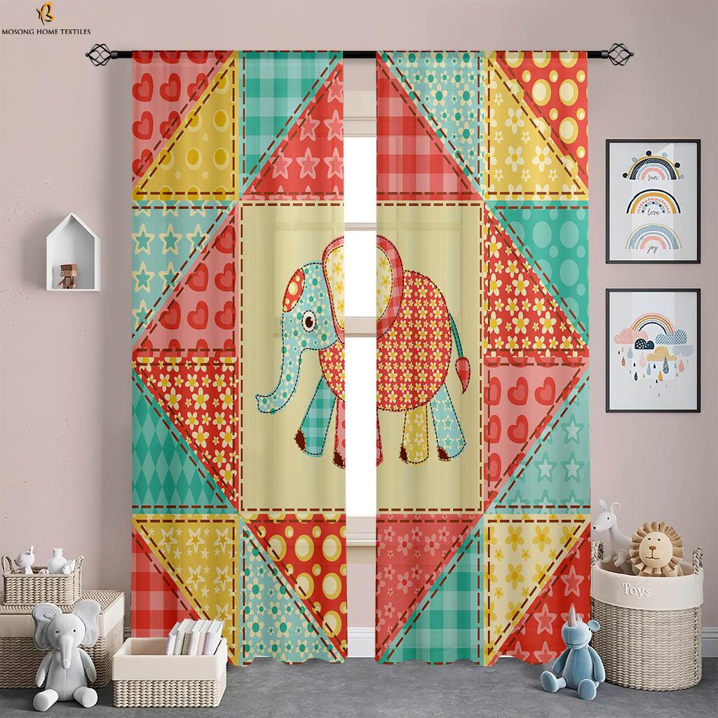 Window Curtains Cute Cartoon Elephant Print Curtains Machine Washable Bedroom Living Room Study Children'S Room Curtains 2 Pcs