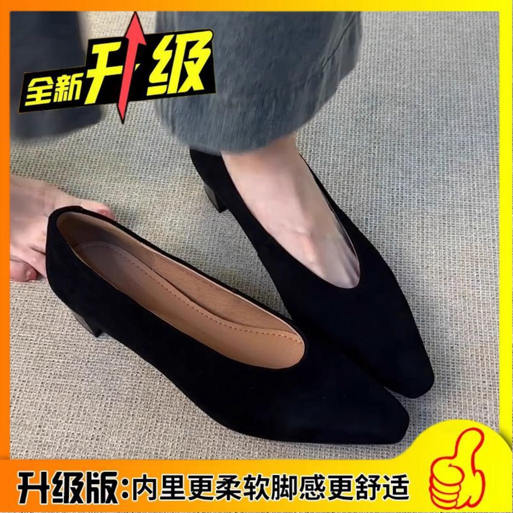 Leather version~ Commuter matte leather simple one-pedal single shoes women's French shallow mouth square head retro thick heel grandma shoes