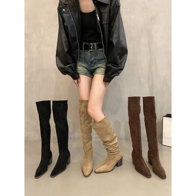 Grube wysokie obcasy szpiczaste wąskie do kolan buty rycerskie Nowa wiosna khaki platforma retro buty