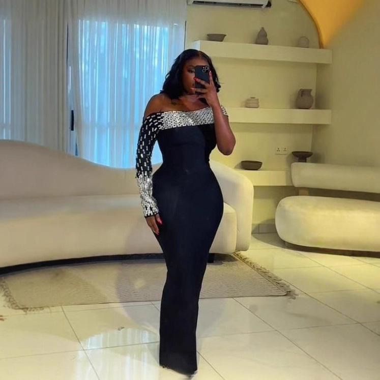 Rochie Bodycon Bandaj Europeană & Americană cu Strass-uri, pe un umăr
