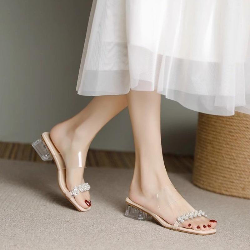 Fashion 2025 Transparent Square Heel Sandals for Women Rhinestone Flowers Thick Heeled Sandals Mujer Silver Square Toe Party Shoes Woman