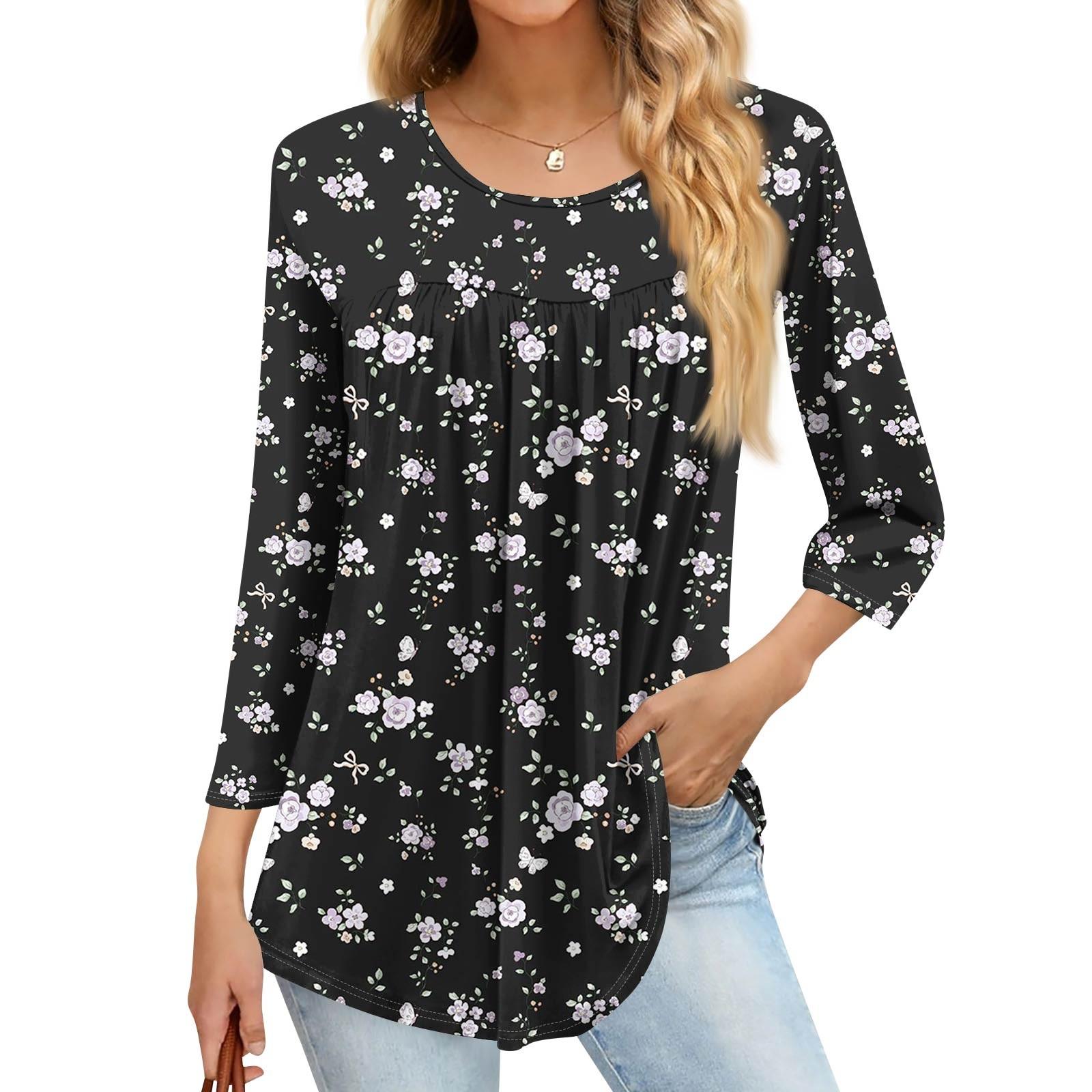 

Women s Fashion Casual Three-quarter Sleeve Printed Round Neck Top L чёрный