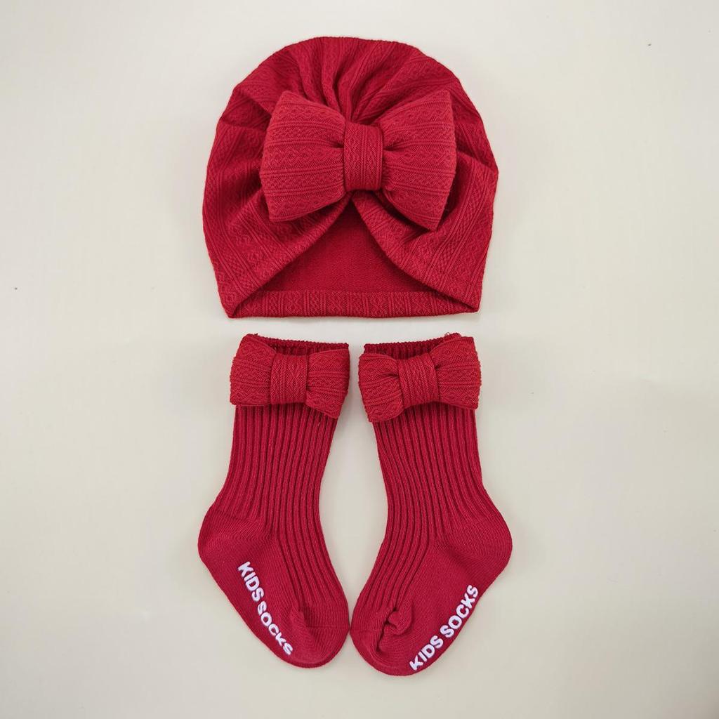 Spring & Autumn Baby Hat and Sock Set with Bow - Newborn Turban and Headband Style