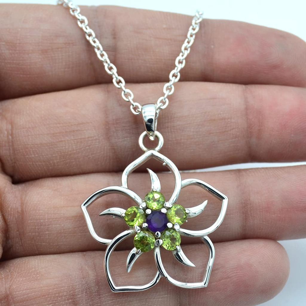 Round Cut Peridot & Amethyst (1.1 Cts) Flower Design Pendant Necklace Solid 925 Sterling Silver Gemstone Pendant with Chain Jewelry For Women or Girl