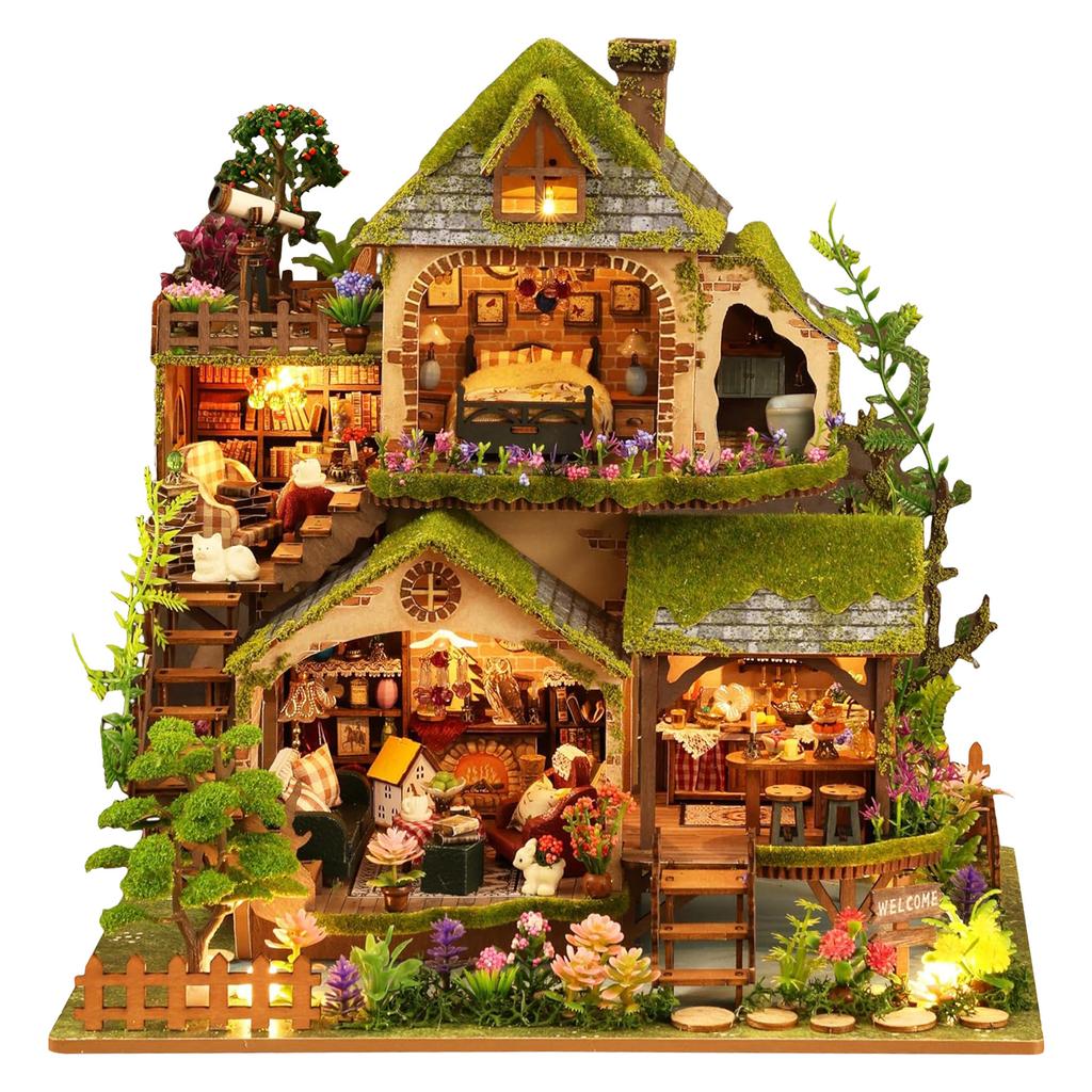 Miniature House Kit Wood DIY Miniature House Kit with LED Light DIY Dollhouse Miniatures Kits Mini House Building Set for Adults