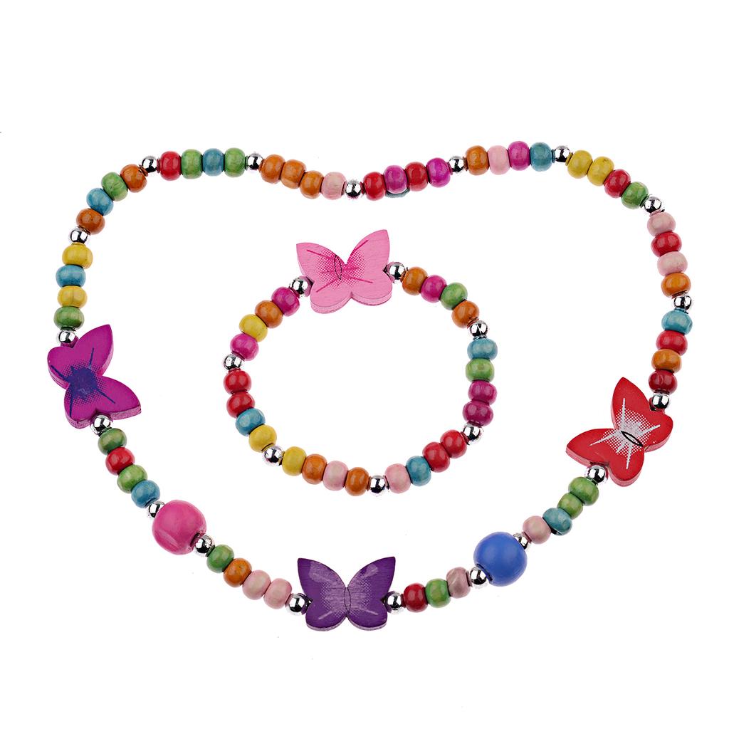 TopHanqi Girls Zircon Sets Cute Animal Butterfly Wood Beads Necklace Bracelet Set For Kids Children Girls Birthday Party Gift