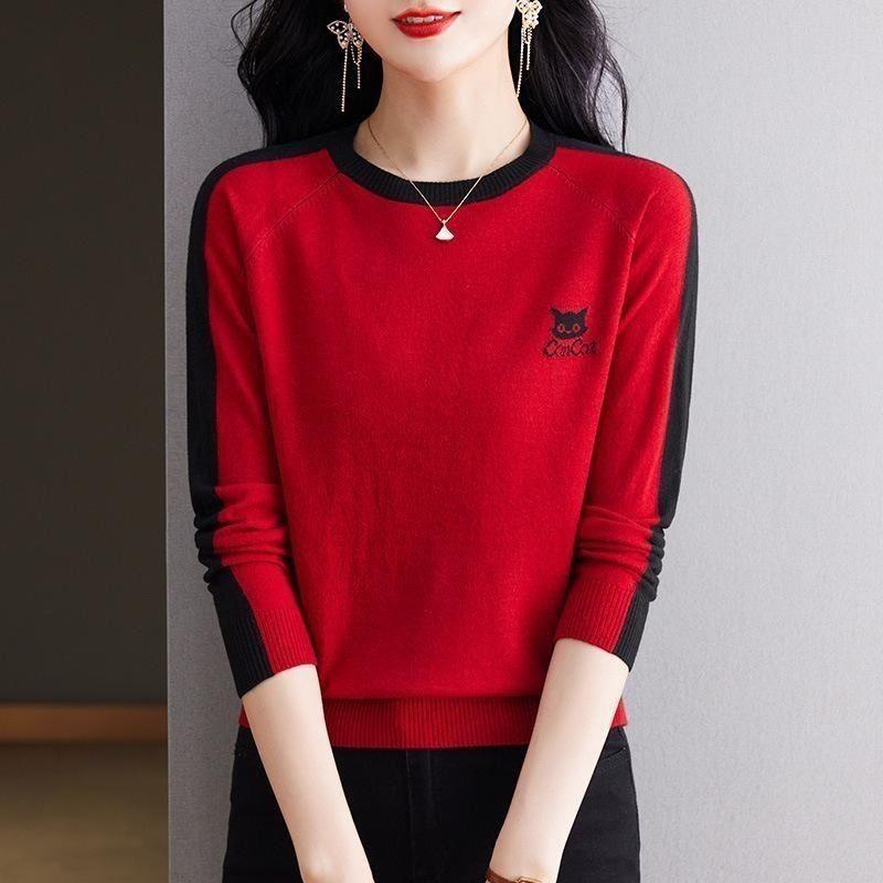 Women's Chic Cartoon Embroidery Cat O-neck Sweaters Autumn New Casual Loose Fashion Knitwear Striped Patchwork  Winter Pullovers