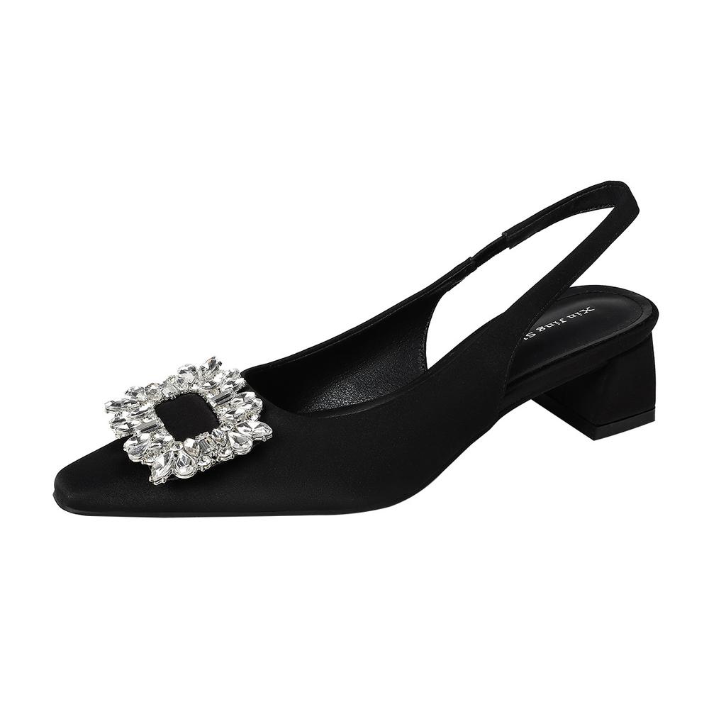579-3 French thick heel baotou rhinestone single shoes female new fairy wind single shoes square buckle back strap medium heel women's shoes