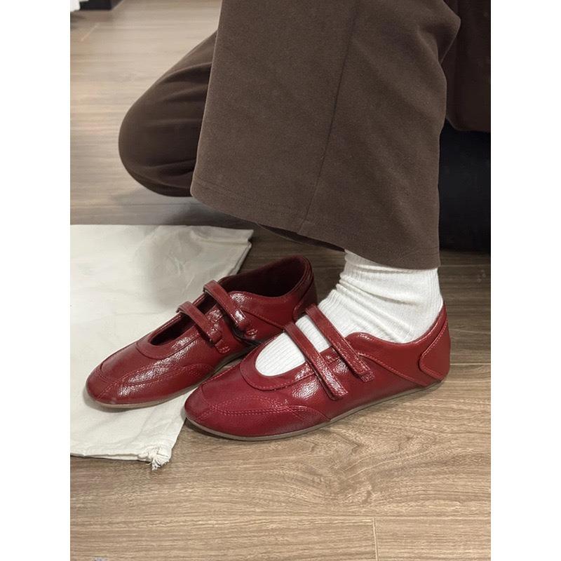 Sheepskin Edition~ Retro Red Mary Jane Shoes Women's Velcro Ballet Single Shoes Flat Casual