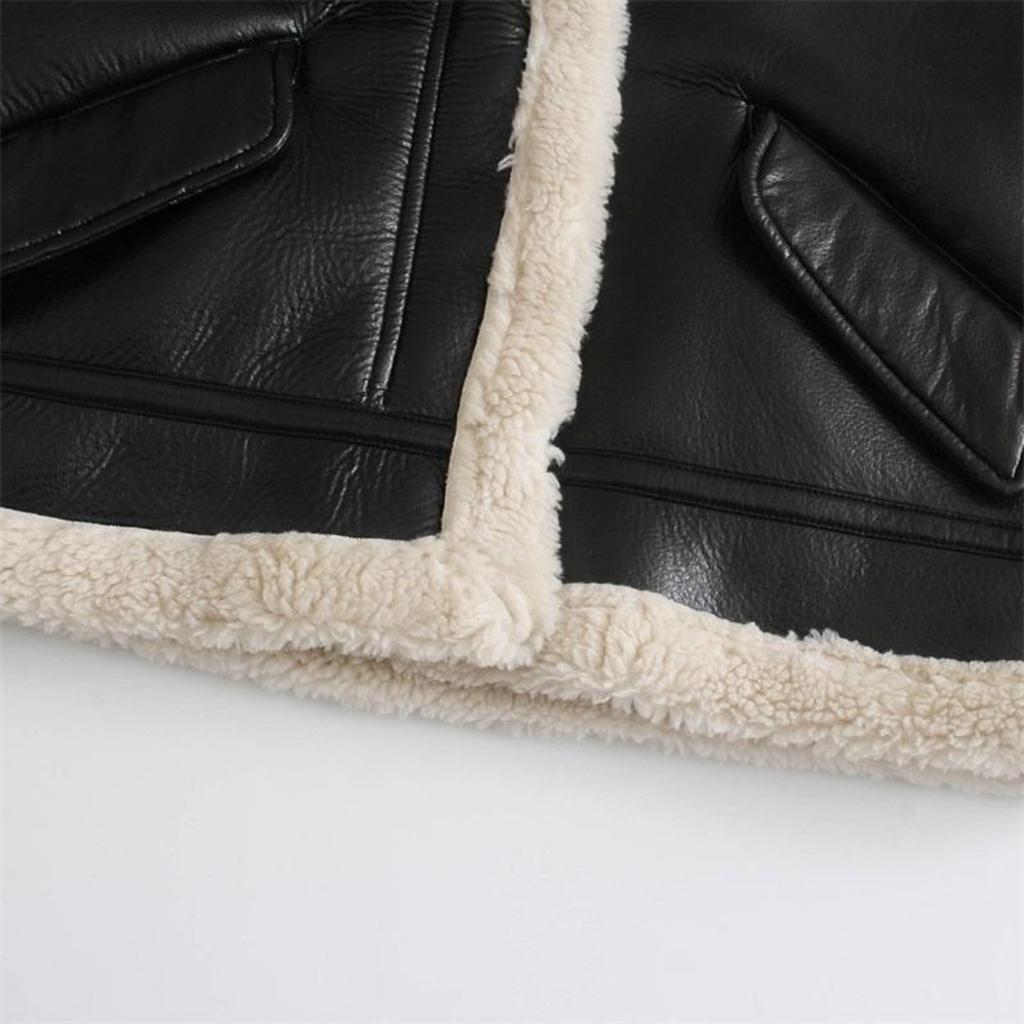 MESTTRAF Frauen Mode Dicke Warme Winter Faux Leder Jacke Mantel Vintage Lange Hülse Weibliche Oberbekleidung Chic Tops