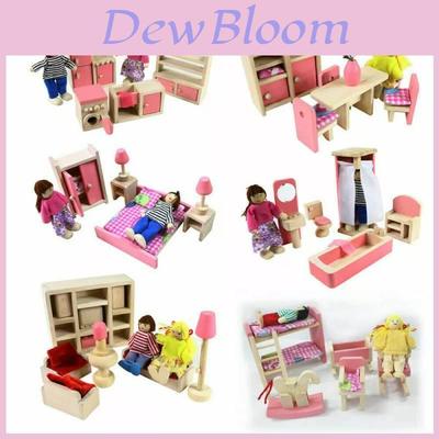 Adorable Wooden Dollhouse Furniture Set For Kids Featuring Colorful Bedroom Kitchen And Living Room Accessories