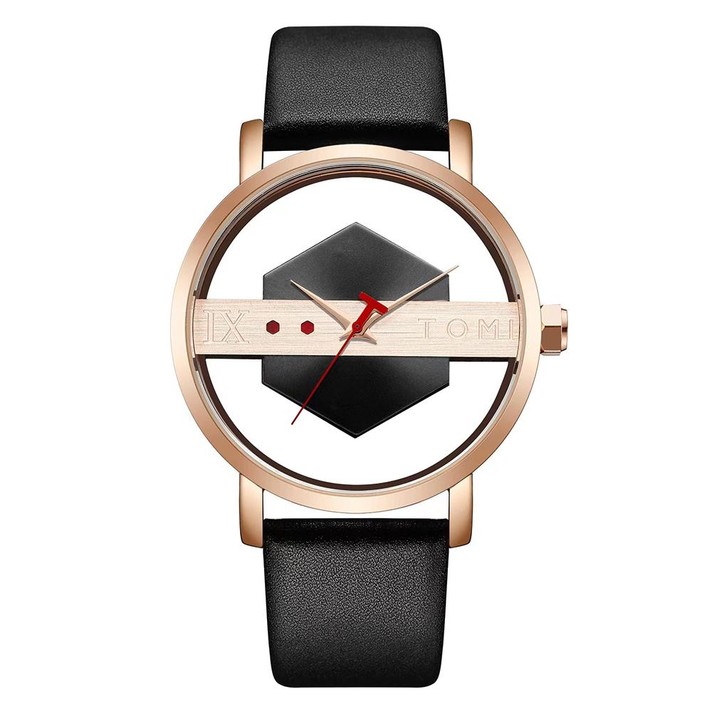 Fashionable and Minimalist Men's Leather Watch Strap Personalized Hollow Perspective Glass Bottom Cover Quartz Watch